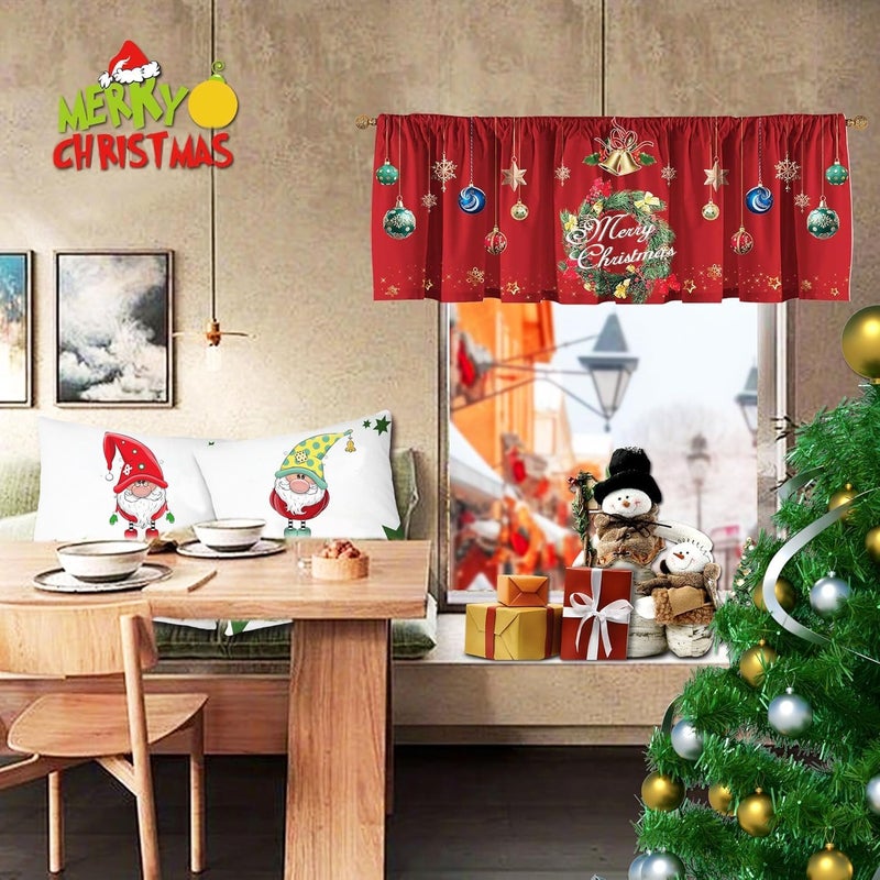 SUNWISHA Christmas Wreath Curtains Valance for Kitchen Window Decor 52 x 18 Inch Red - Image 2